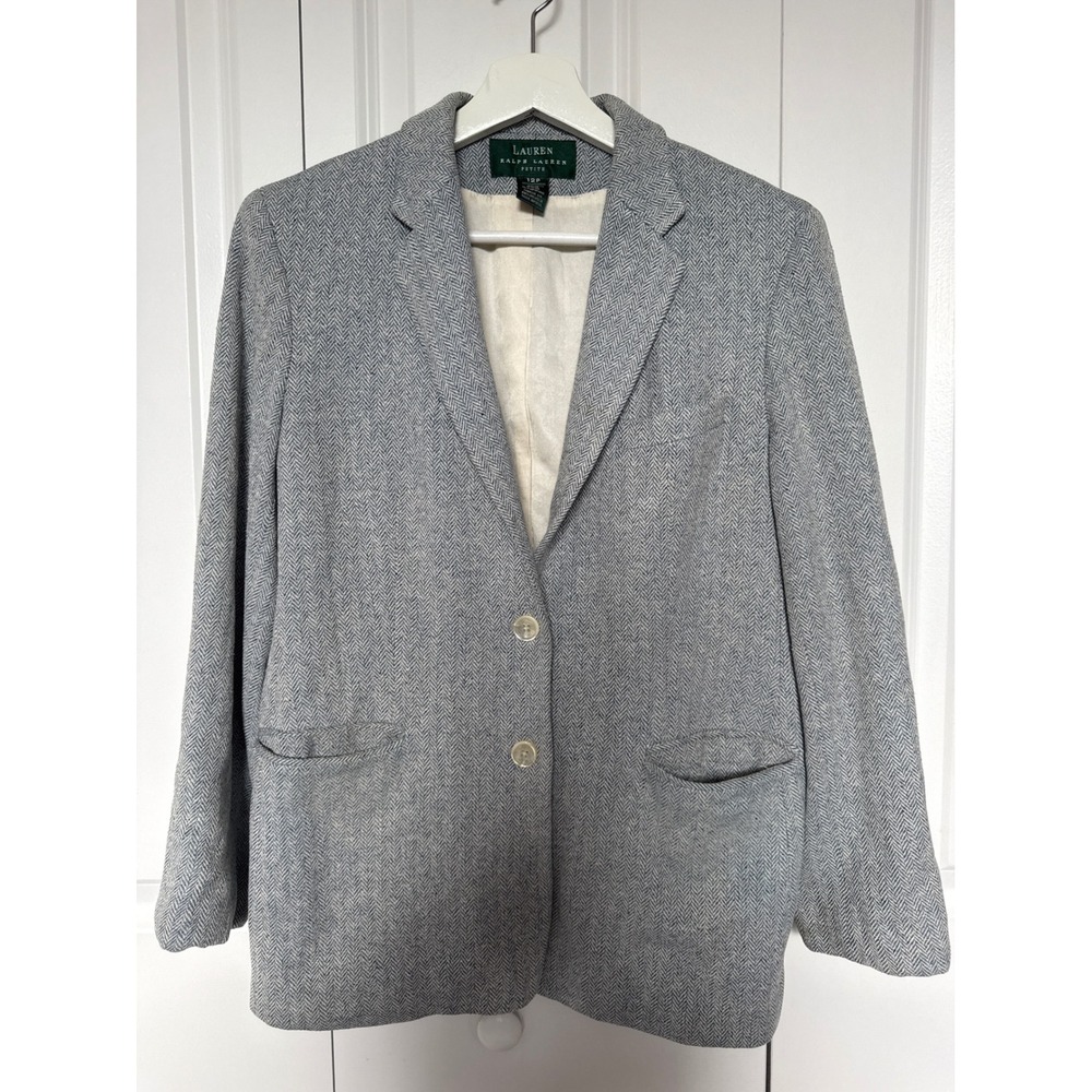 Lauren Ralph Lauren Petite 12P Blue Herringbone 100% Silk Blazer Jacket
